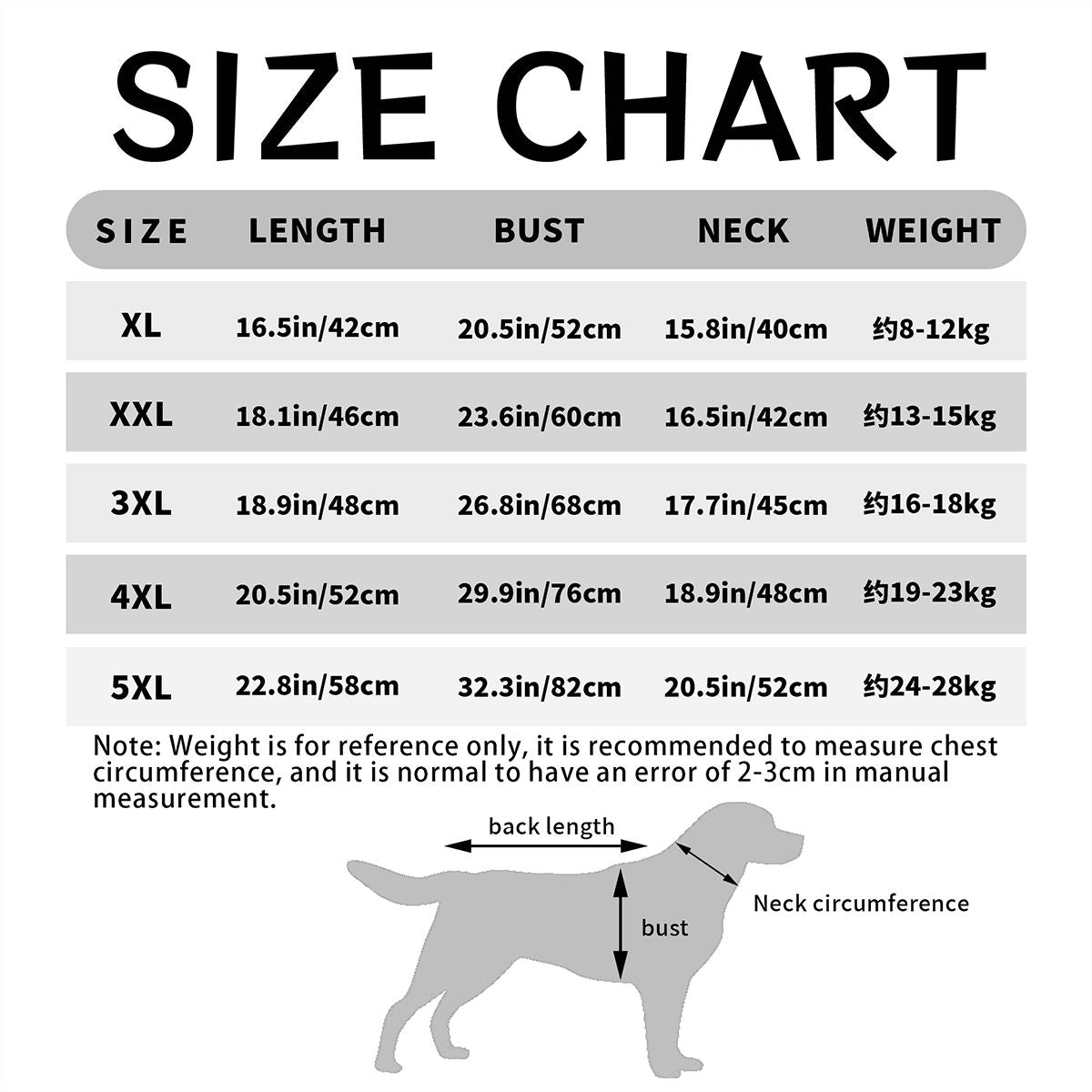 Size chart for large dog cotton tank tops ranging from XL to 5XL. Ensures a comfortable fit for your non-human family member to showcase their unique bespoke pet art.