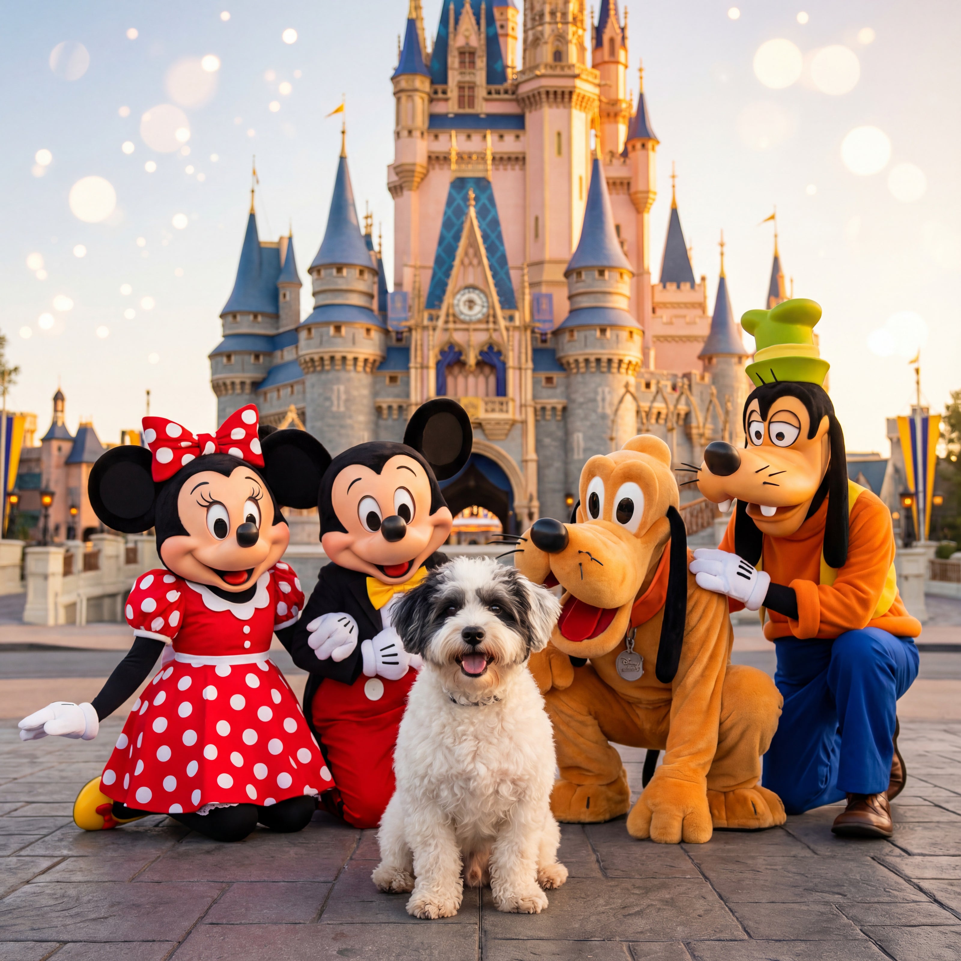 Bespoke pet art example featuring a dog on a magical vacation in front of a castle with iconic characters.

We create unique, meaningful scenes for the proud parent by transforming pet photos into personalized art treasures.

This high-quality design illustrates how Pawesome Petz brings your non-human family into every cherished memory.
