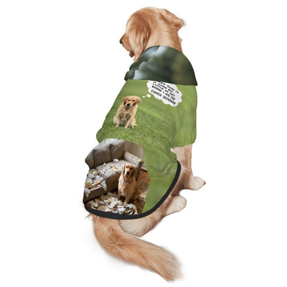 Bespoke medium to large dog hoodie with an all-over print featuring an example humorous scene of a dog and a destroyed couch. We transform your pet photos into unique art for the proud parent and their non-human family.