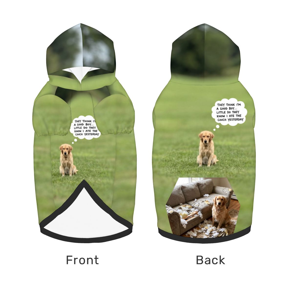 Flat layout of the all-over print dog hoodie showing the seamless front and back bespoke design featuring a humorous 'not so good boy' thought bubble. A high-quality personalized gift designed for the proud pet parent and their fur baby.