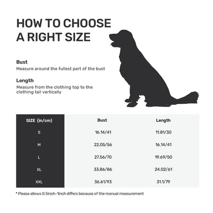Size chart for medium and large dog hoodies ranging from M to 3XL. Ensures a perfect fit for your non-human family member to showcase their unique bespoke pet art.