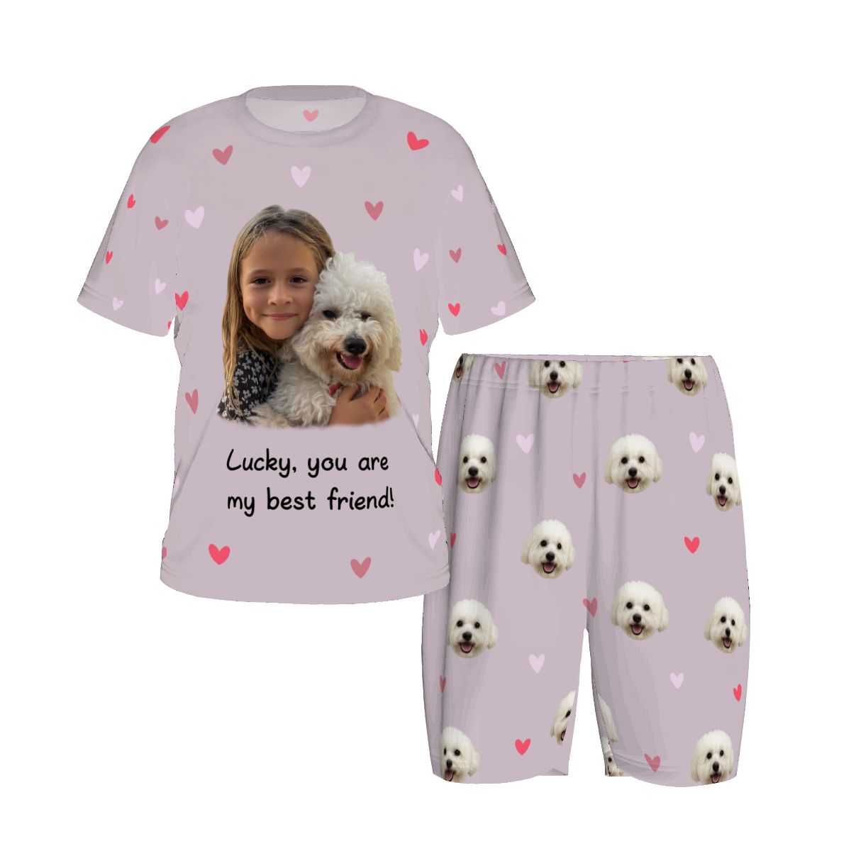 Flat layout of the bespoke all-over print kids pajamas featuring a unique meaningful scene. A high-quality, personalized gift designed specifically for pet lovers.
