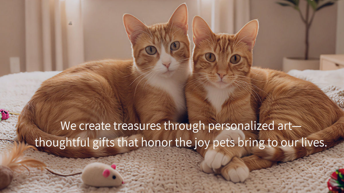 Heartwarming bespoke scene showing two ginger cats, Max and Estrella, cuddling together on a cozy bed. This personalized art serves as an example of the thoughtful designs that will then be used on gifts Pawesome Petz creates for the proud parent to honor their non-human family.