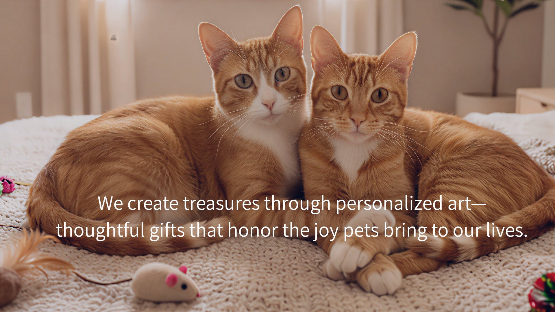 Heartwarming bespoke scene showing two ginger cats, Max and Estrella, cuddling together on a cozy bed. This personalized art serves as an example of the thoughtful designs that will then be used on gifts Pawesome Petz creates for the proud parent to honor their non-human family.