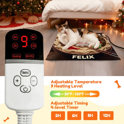 Digital controller for the pet heating pad, showing 9 heat levels and timer settings. Practical safety for the proud parent and a cozy bespoke scene for their pet.
