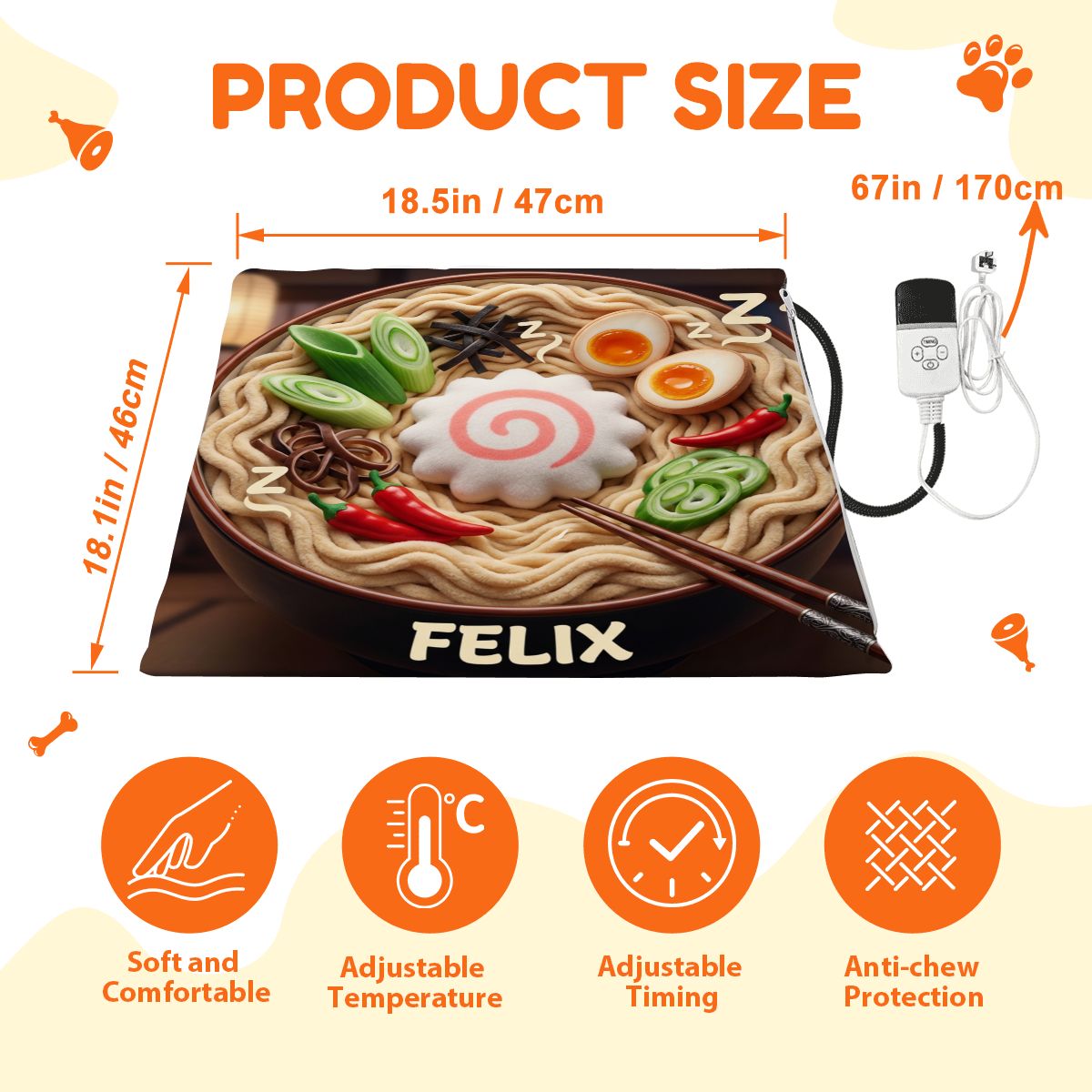 Size chart for the bespoke pet heating pad, 18.5in x 18.5in. High-quality construction featuring a custom design for your pet's comfort and your peace of mind.