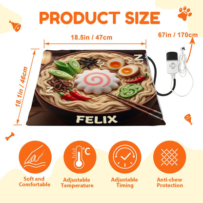 Size chart for the bespoke pet heating pad, 18.5in x 18.5in. High-quality construction featuring a custom design for your pet's comfort and your peace of mind.