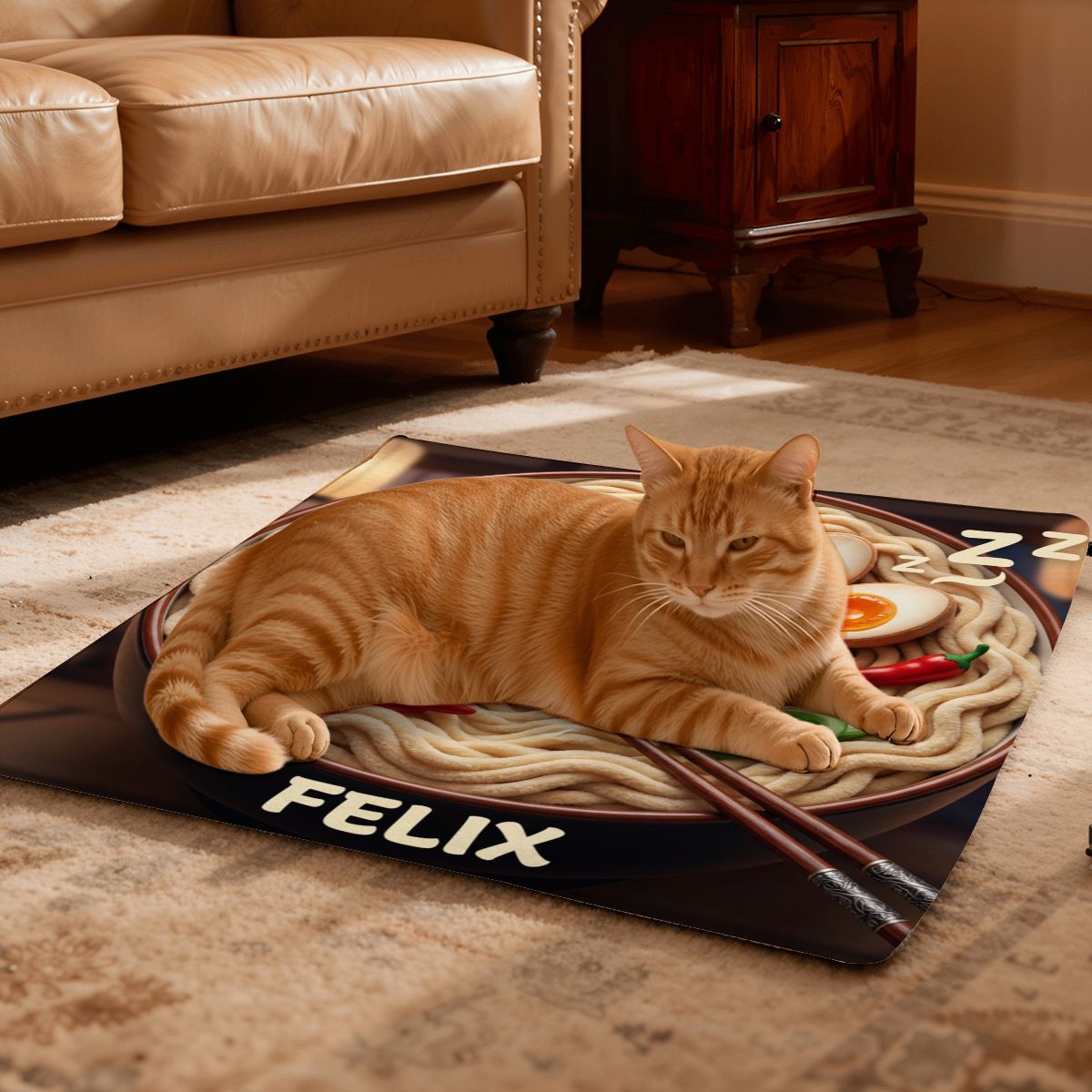 Custom pet heating blanket styled on a living room floor. An example of a bespoke design where your pet can rest in a unique scene tailored to their personality.