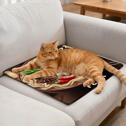 Portable pet heating pad on a sofa, with an orange tabby cat laying relaxed on it, featuring a bespoke ramen design. A cozy, high-quality gift for the devoted parent who treats their pet like a cherished family member.