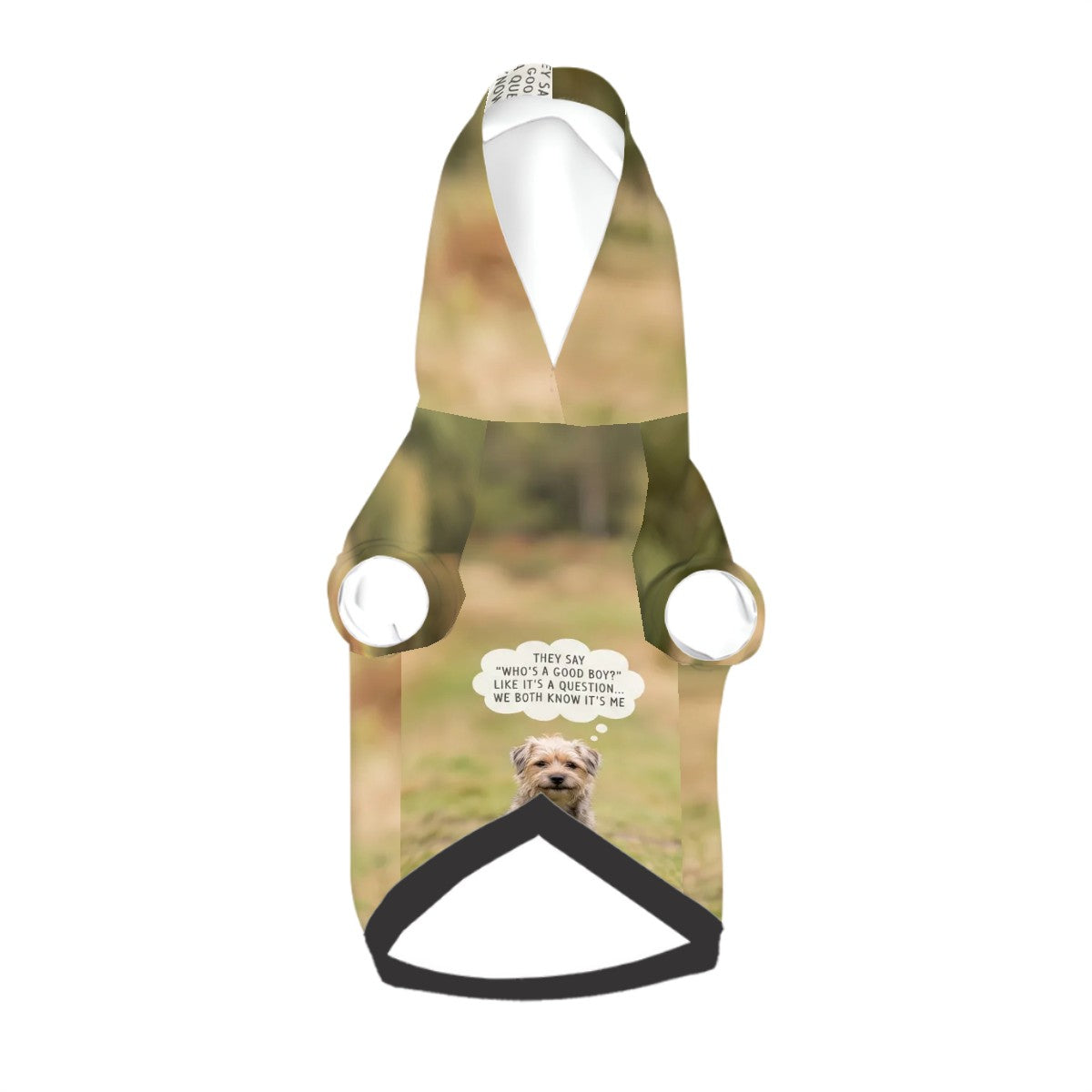 Flat layout of the all-over print dog hoodie showing the seamless bespoke design. High-quality personalized apparel designed specifically to cuddle that fur baby.