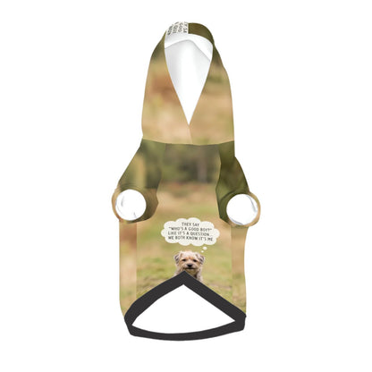 Flat layout of the all-over print dog hoodie showing the seamless bespoke design. High-quality personalized apparel designed specifically to cuddle that fur baby.