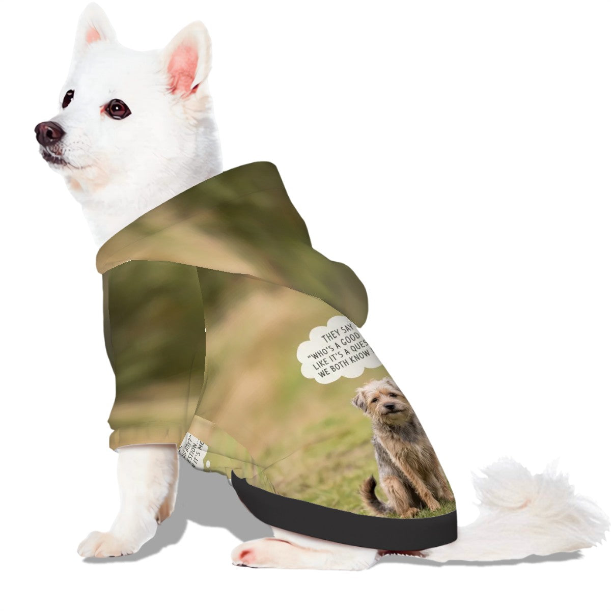 Custom-printed dog hoodie worn by a pet to show the full-coverage bespoke design. An example of our artist-designed meaningful scene brought to life for your non-human family.