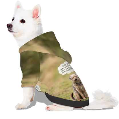 Custom-printed dog hoodie worn by a pet to show the full-coverage bespoke design. An example of our artist-designed meaningful scene brought to life for your non-human family.
