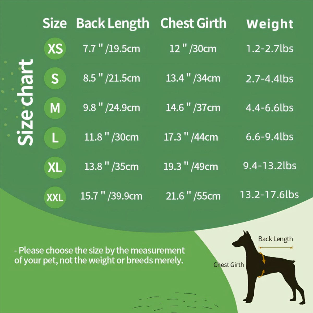 Size chart for small dog hoodies ranging from XS to XXL. Ensures a perfect fit for your non-human family member to showcase their unique bespoke pet art.