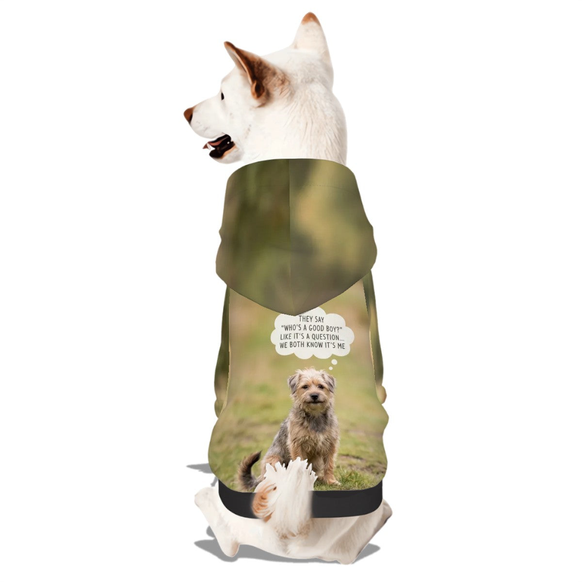 Bespoke small dog hoodie with an all-over print featuring an example 'Good Boy' thought bubble scene. We transform pet photos into meaningful, unique designs for the proud parent.