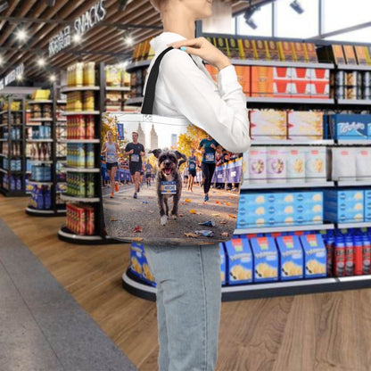 Custom pet art zippered tote bag worn over the shoulder to demonstrate scale and style in a grocery store setting. A unique, bespoke accessory designed specifically for pet lovers and their non-human family members.