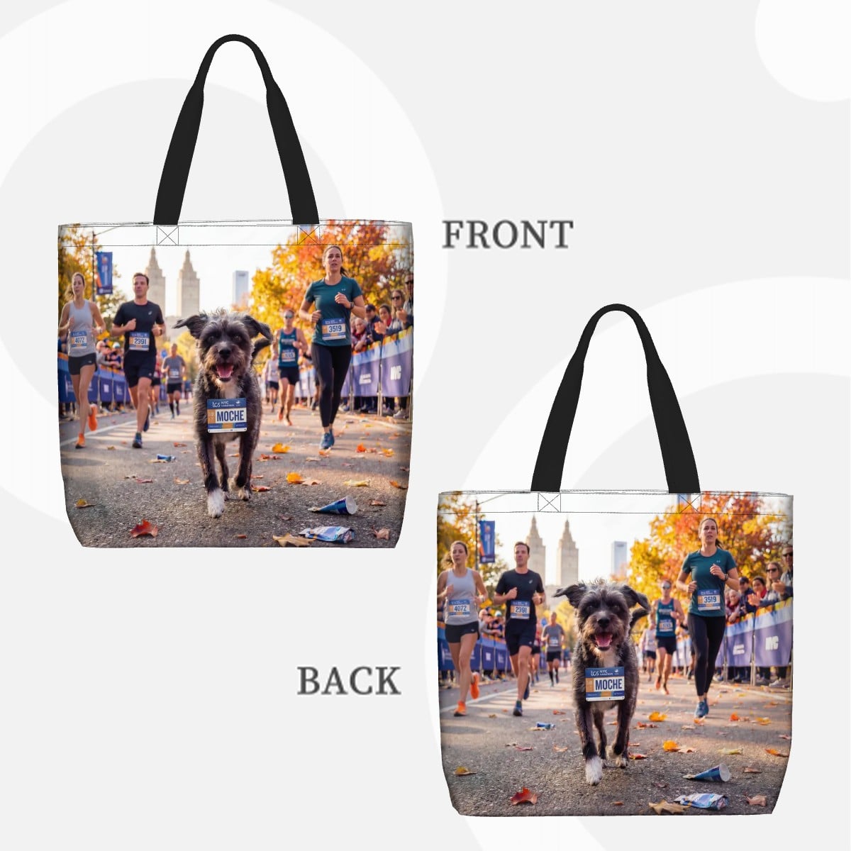 Visual layout of the bespoke pet art tote bag showing that the front and back can feature the same or different unique meaningful scenes. A high-quality personalized gift for the proud pet parent.