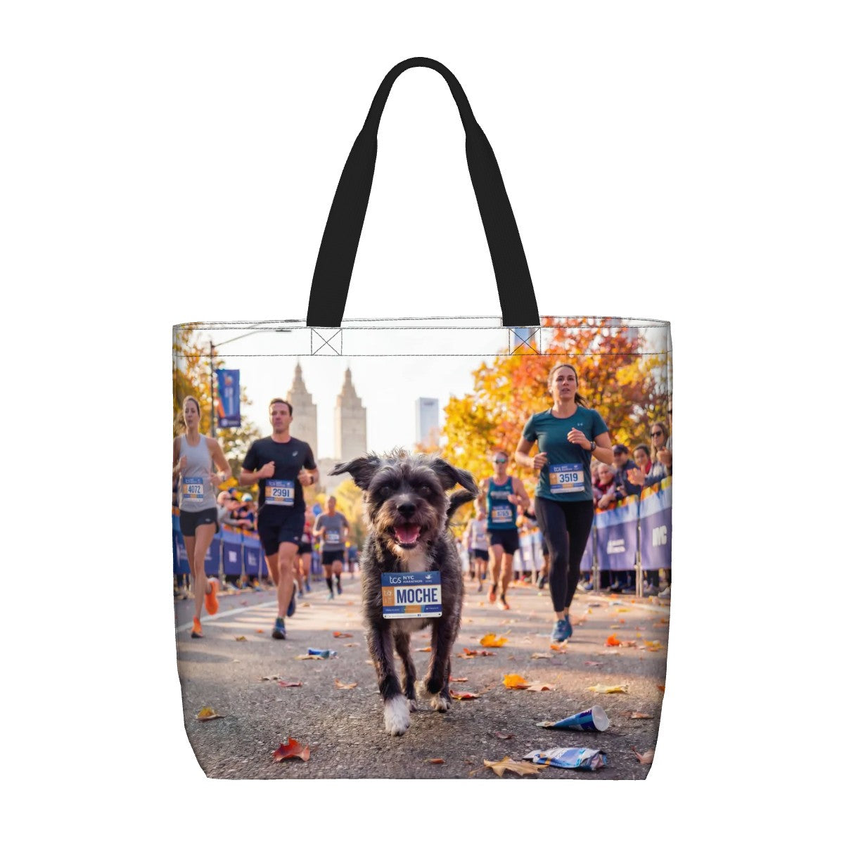 Large all-over print tote bag with zipper featuring an example bespoke New York marathon scene with a dog named 'Moche'. We transform your photos into unique, meaningful art for the proud parent and their non-human family.
