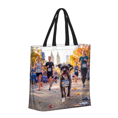 Side perspective of the 19.6"x15.7" custom pet art tote bag. High-quality all-over printing on durable fabric ensures a beautiful, personalized gift for every devoted parent.