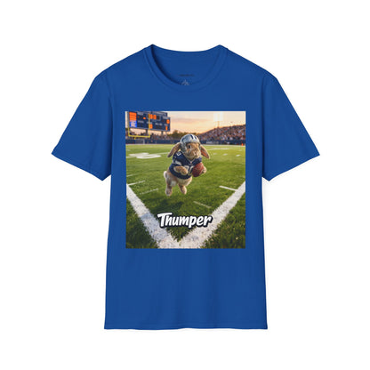 Unisex regular t-shirt in royal blue featuring an example bespoke football scene with a rabbit pet. We transform your photos into unique art for the proud parent to show-off their cute baby.