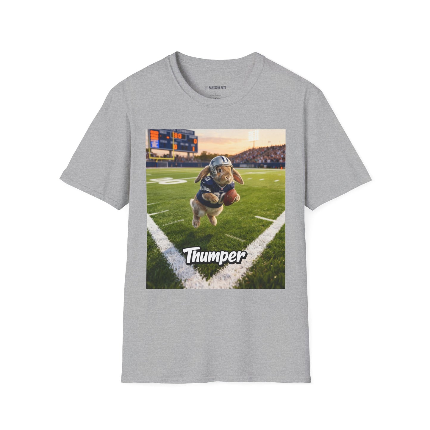 Unisex regular t-shirt in grey featuring an example bespoke football scene with a rabbit pet. We transform your photos into unique art for the proud parent to show-off their cute baby.