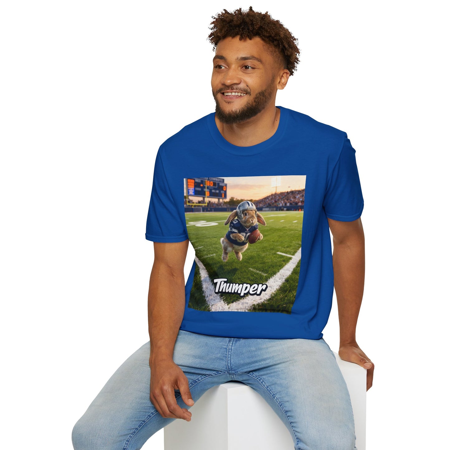 Male model wearing the royal blue custom t-shirt featuring a personalized pet illustration. A meaningful gift designed for your non-human family.