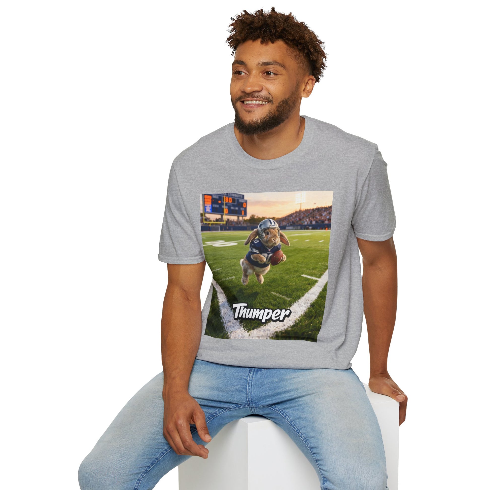 Male model wearing the grey custom t-shirt featuring a personalized pet illustration. A meaningful gift designed for your non-human family.