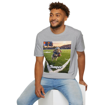 Male model wearing the grey custom t-shirt featuring a personalized pet illustration. A meaningful gift designed for your non-human family.