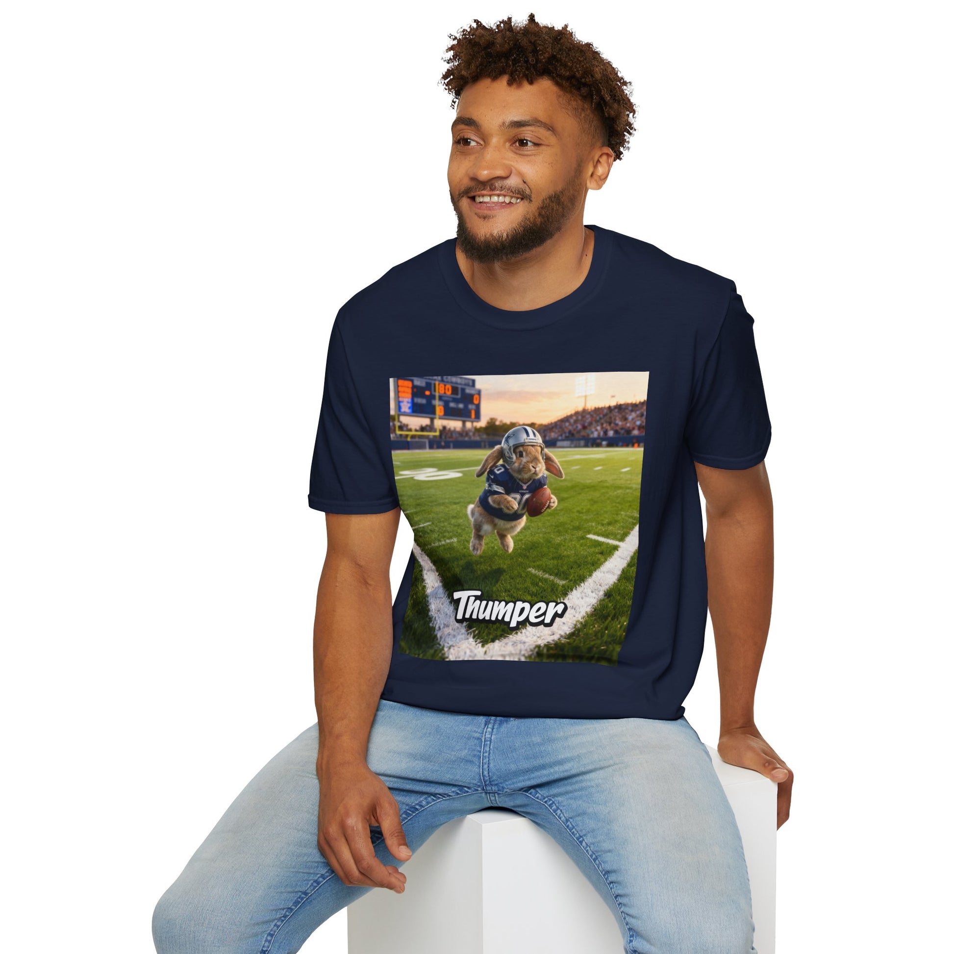 Male model wearing the navy blue custom t-shirt featuring a personalized pet illustration. A meaningful gift designed for your non-human family.