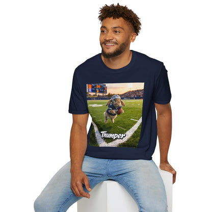 Male model wearing the navy blue custom t-shirt featuring a personalized pet illustration. A meaningful gift designed for your non-human family.