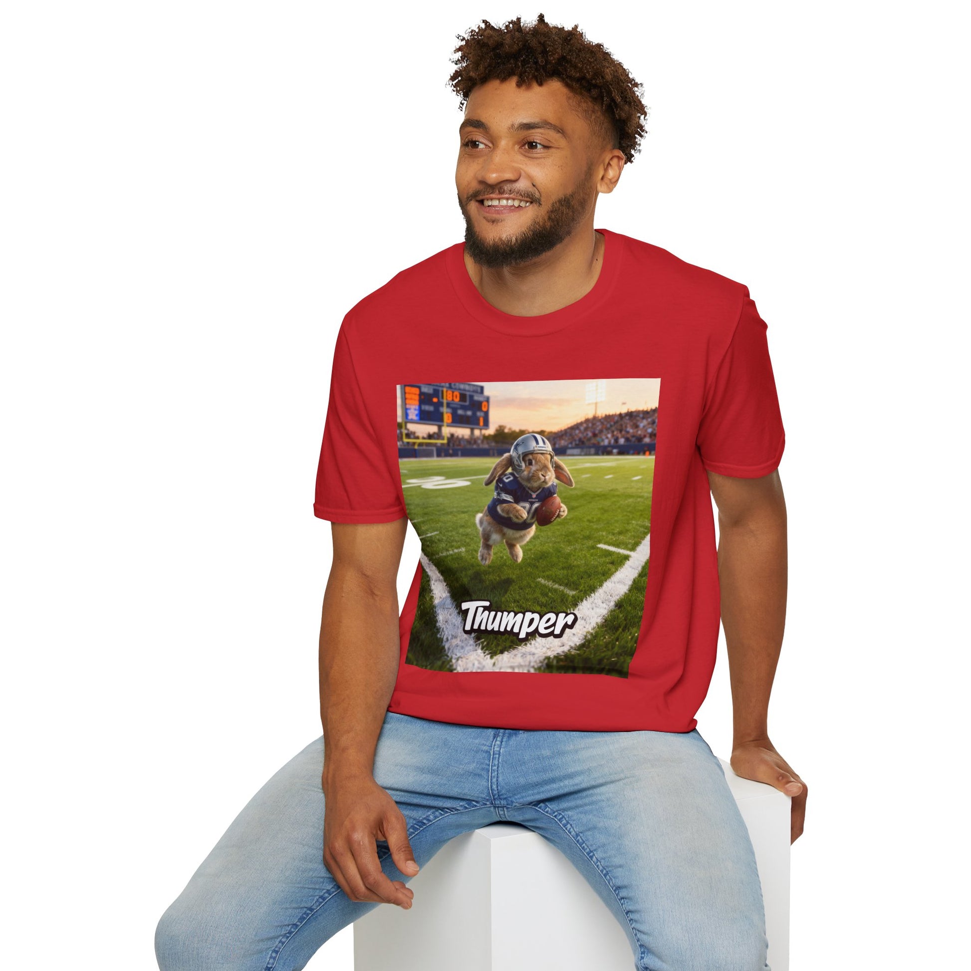 Male model wearing the red custom t-shirt featuring a personalized pet illustration. A meaningful gift designed for your non-human family.