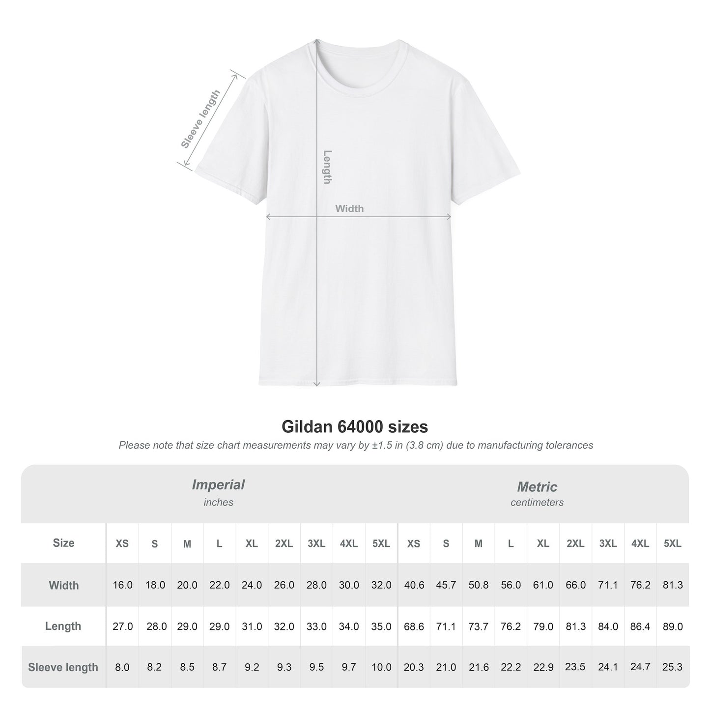 Size chart for the unisex regular t-shirt in white, ranging from S to 3XL. Ensures a perfect fit for the proud parent.