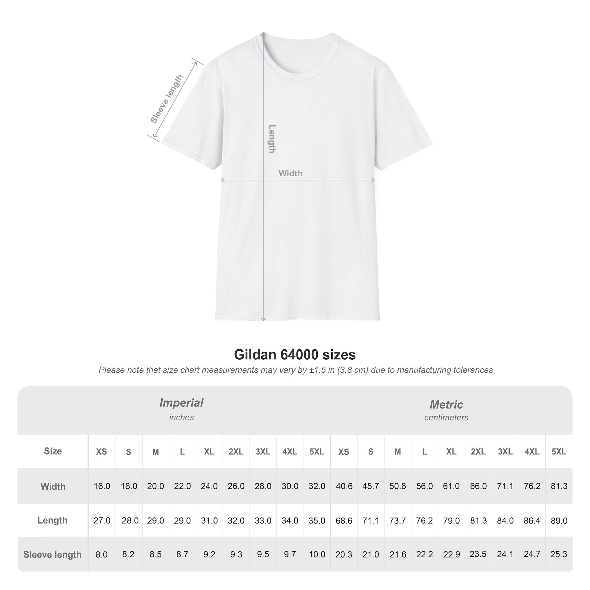 Size chart for the unisex regular t-shirt in white, ranging from S to 3XL. Ensures a perfect fit for the proud parent.