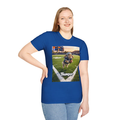 Female model showcasing the fit of the royal blue bespoke pet art t-shirt. High-quality apparel designed specifically for the proud pet parent to show-off their cherished pet.