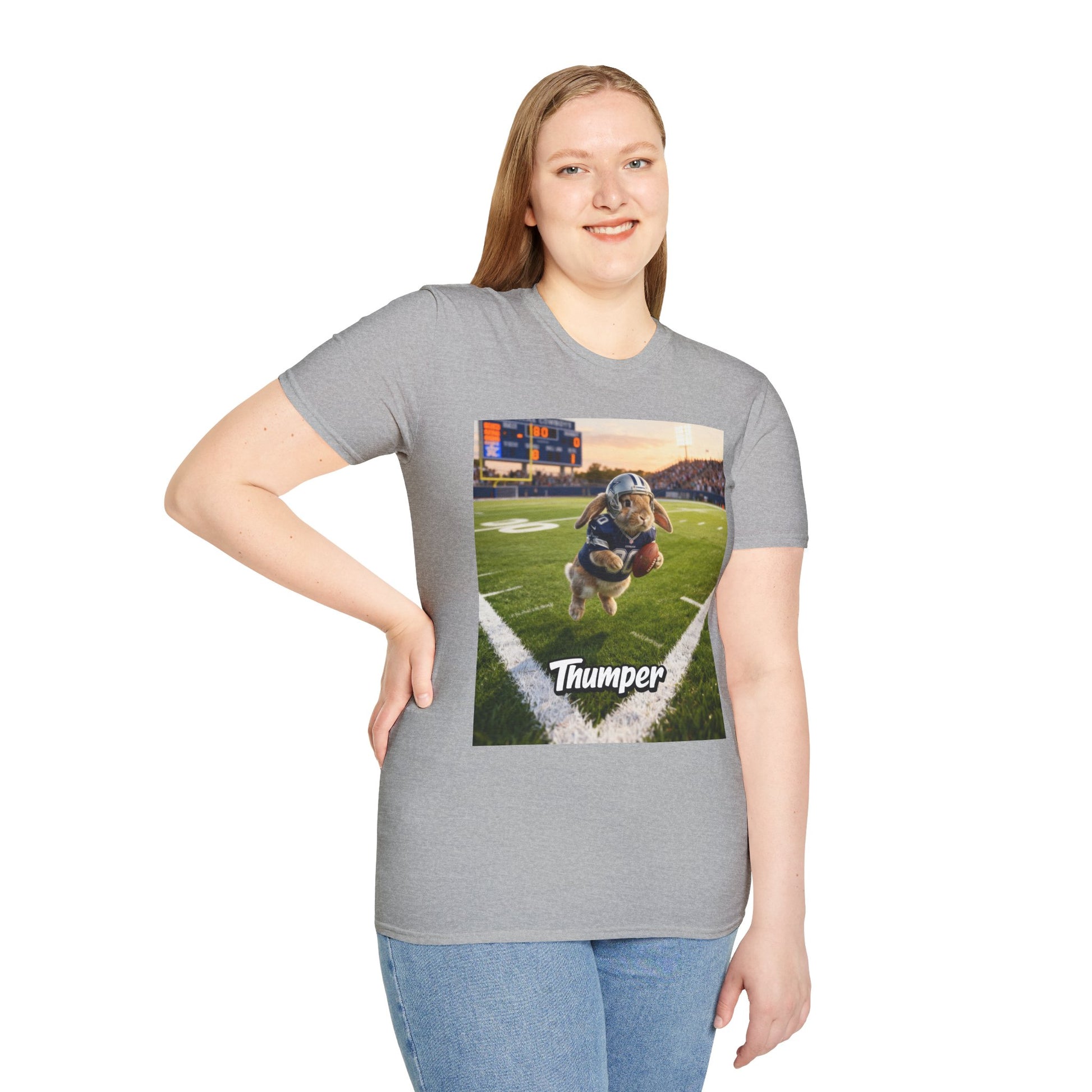 Female model showcasing the fit of the grey bespoke pet art t-shirt. High-quality apparel designed specifically for the proud pet parent to show-off their cherished pet.