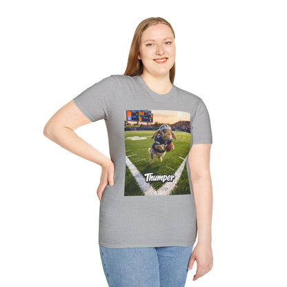 Female model showcasing the fit of the grey bespoke pet art t-shirt. High-quality apparel designed specifically for the proud pet parent to show-off their cherished pet.