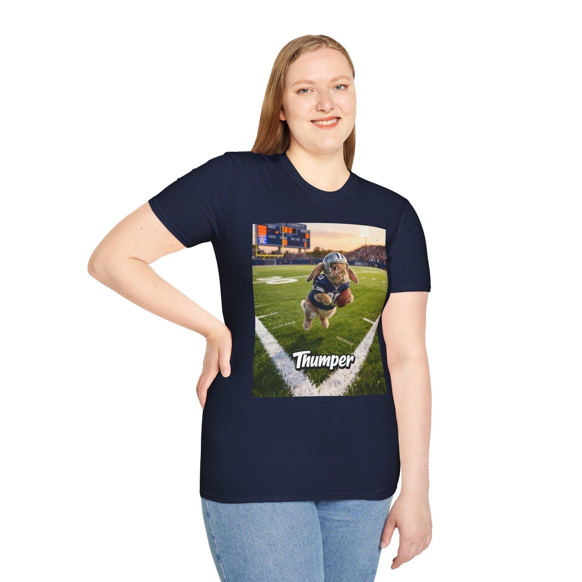 Female model showcasing the fit of the navy blue bespoke pet art t-shirt. High-quality apparel designed specifically for the proud pet parent to show-off their cherished pet.