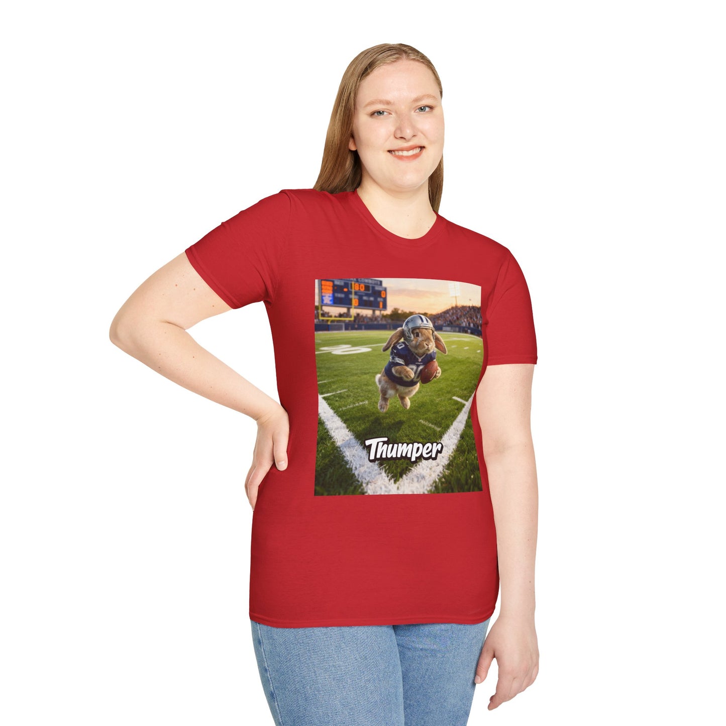 Female model showcasing the fit of the red bespoke pet art t-shirt. High-quality apparel designed specifically for the proud pet parent to show-off their cherished pet.