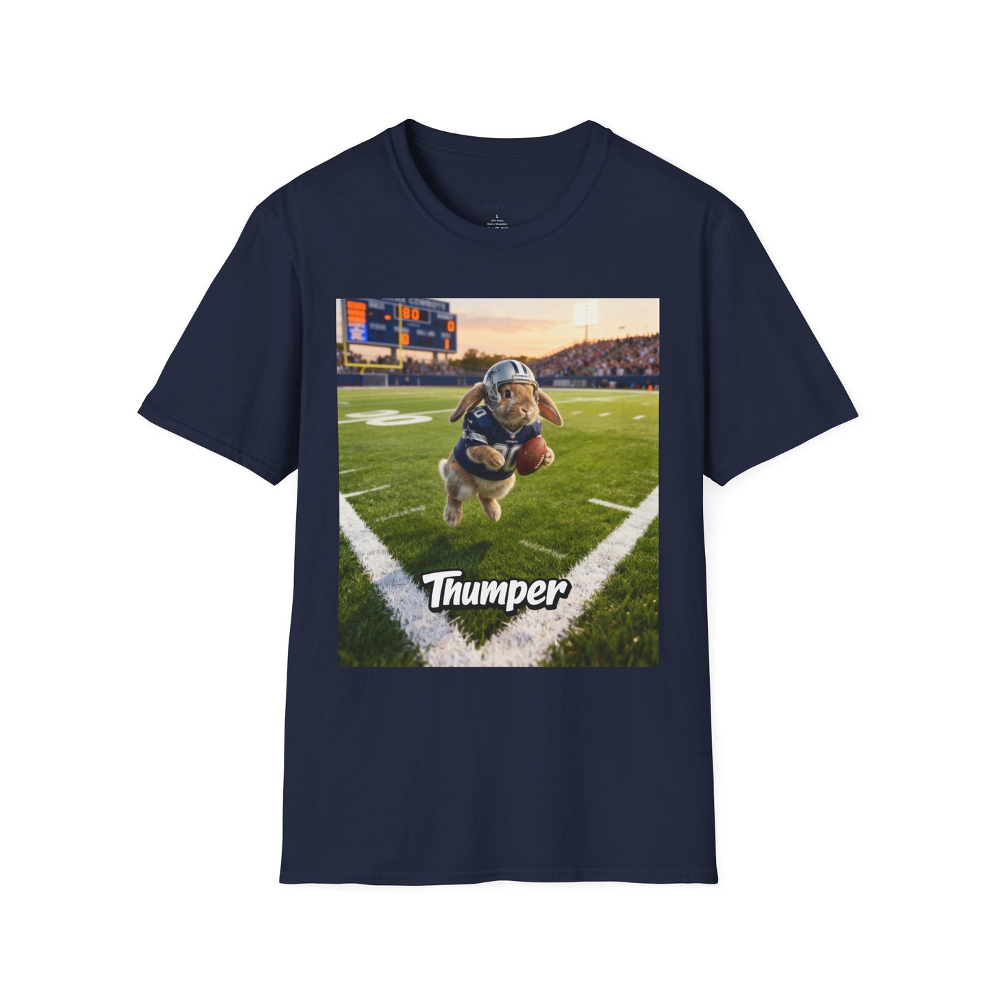 Unisex regular t-shirt in navy blue featuring an example bespoke football scene with a rabbit pet. We transform your photos into unique art for the proud parent to show-off their cute baby.