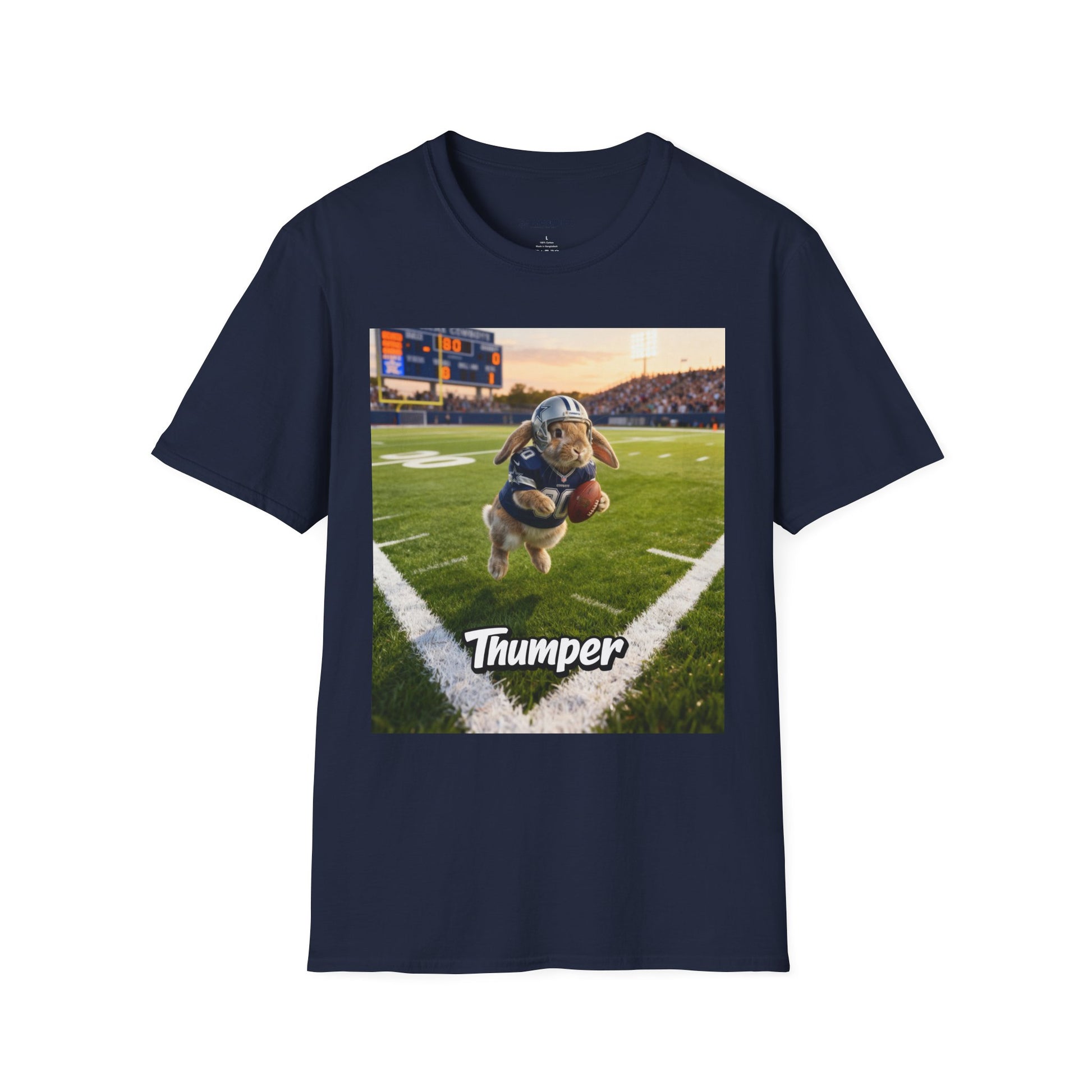 Unisex regular t-shirt in navy blue featuring an example bespoke football scene with a rabbit pet. We transform your photos into unique art for the proud parent to show-off their cute baby.