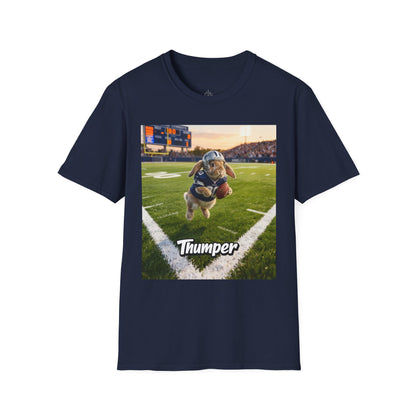 Unisex regular t-shirt in navy blue featuring an example bespoke football scene with a rabbit pet. We transform your photos into unique art for the proud parent to show-off their cute baby.