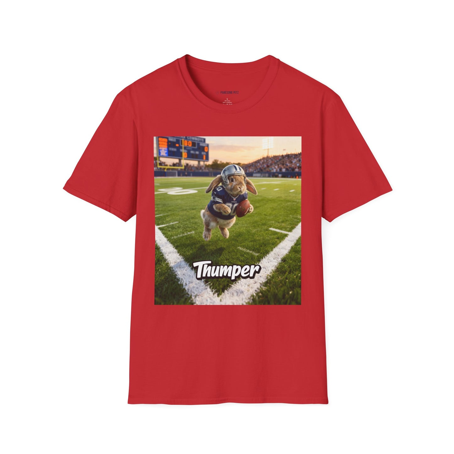 Unisex regular t-shirt in red featuring an example bespoke football scene with a rabbit pet. We transform your photos into unique art for the proud parent to show-off their cute baby.