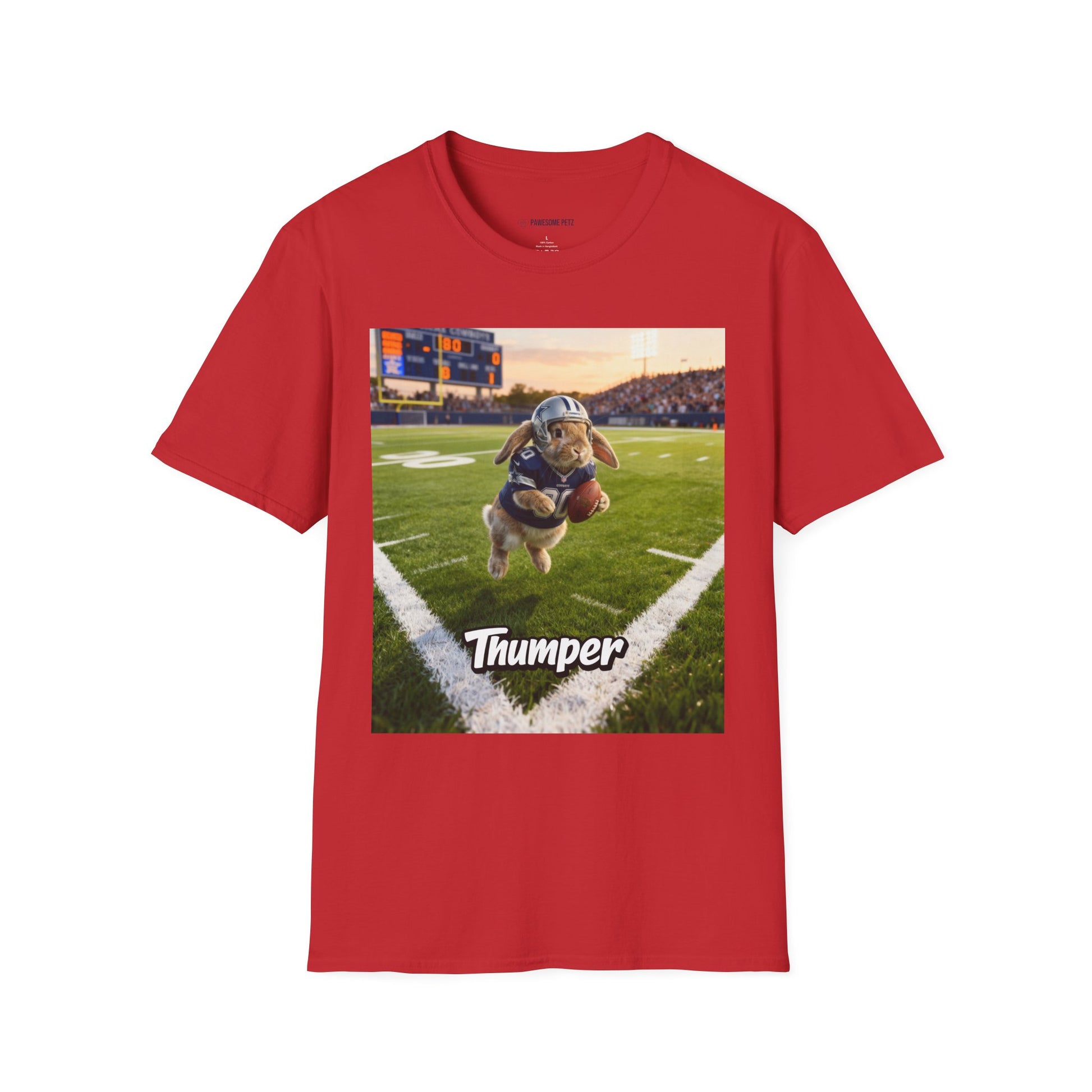 Unisex regular t-shirt in red featuring an example bespoke football scene with a rabbit pet. We transform your photos into unique art for the proud parent to show-off their cute baby.