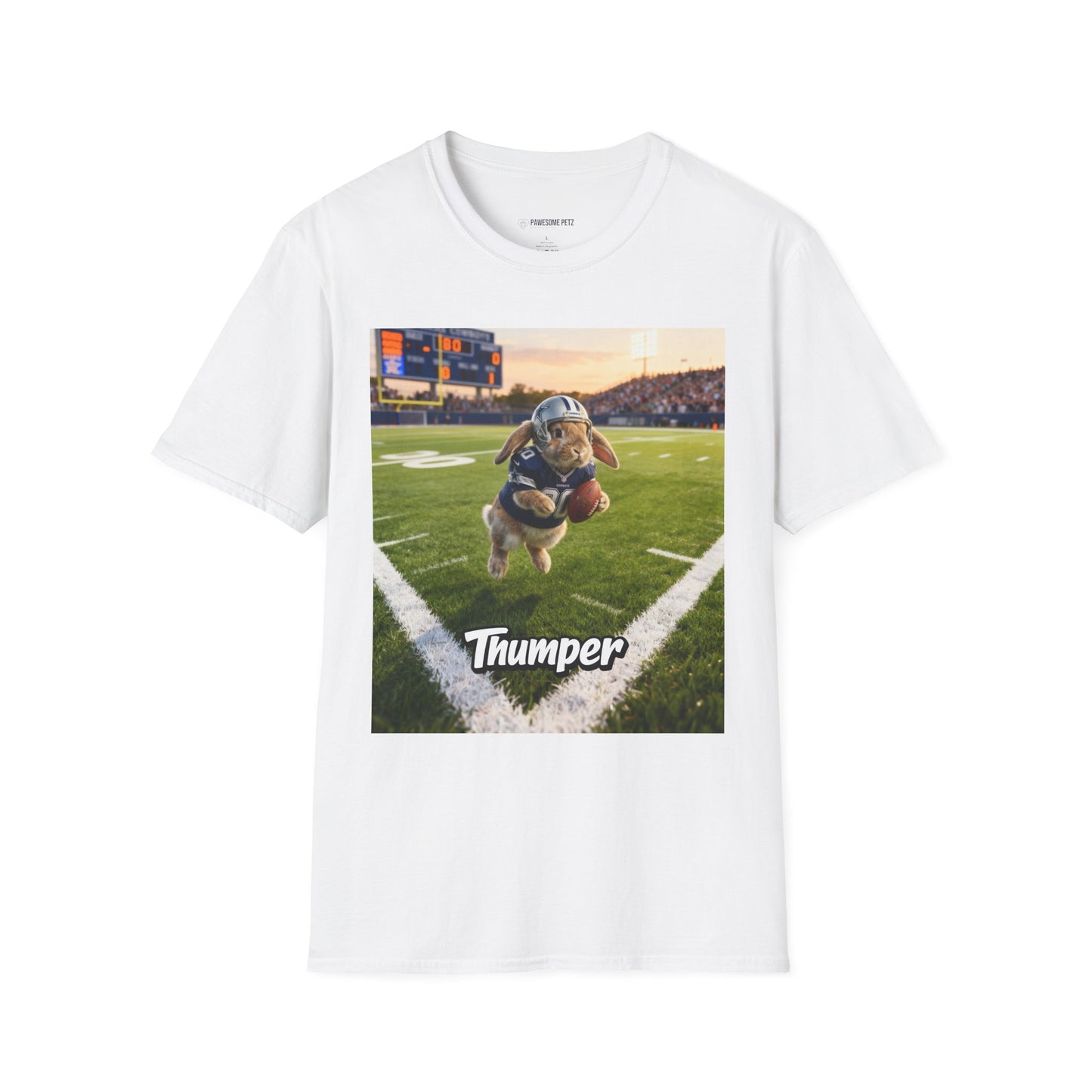 Unisex regular t-shirt in white featuring an example bespoke football scene with a rabbit pet. We transform your photos into unique art for the proud parent to show-off their cute baby.