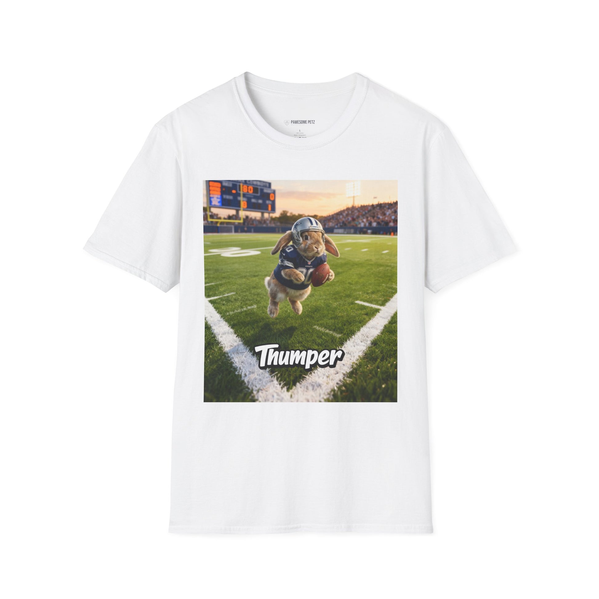 Unisex regular t-shirt in white featuring an example bespoke football scene with a rabbit pet. We transform your photos into unique art for the proud parent to show-off their cute baby.