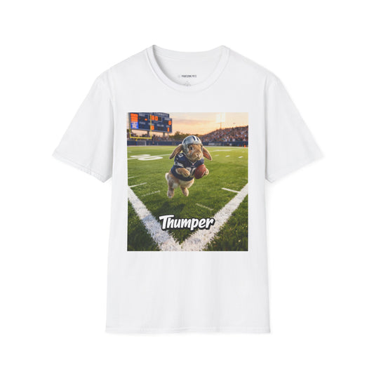 Unisex regular t-shirt in white featuring an example bespoke football scene with a rabbit pet. We transform your photos into unique art for the proud parent to show-off their cute baby.