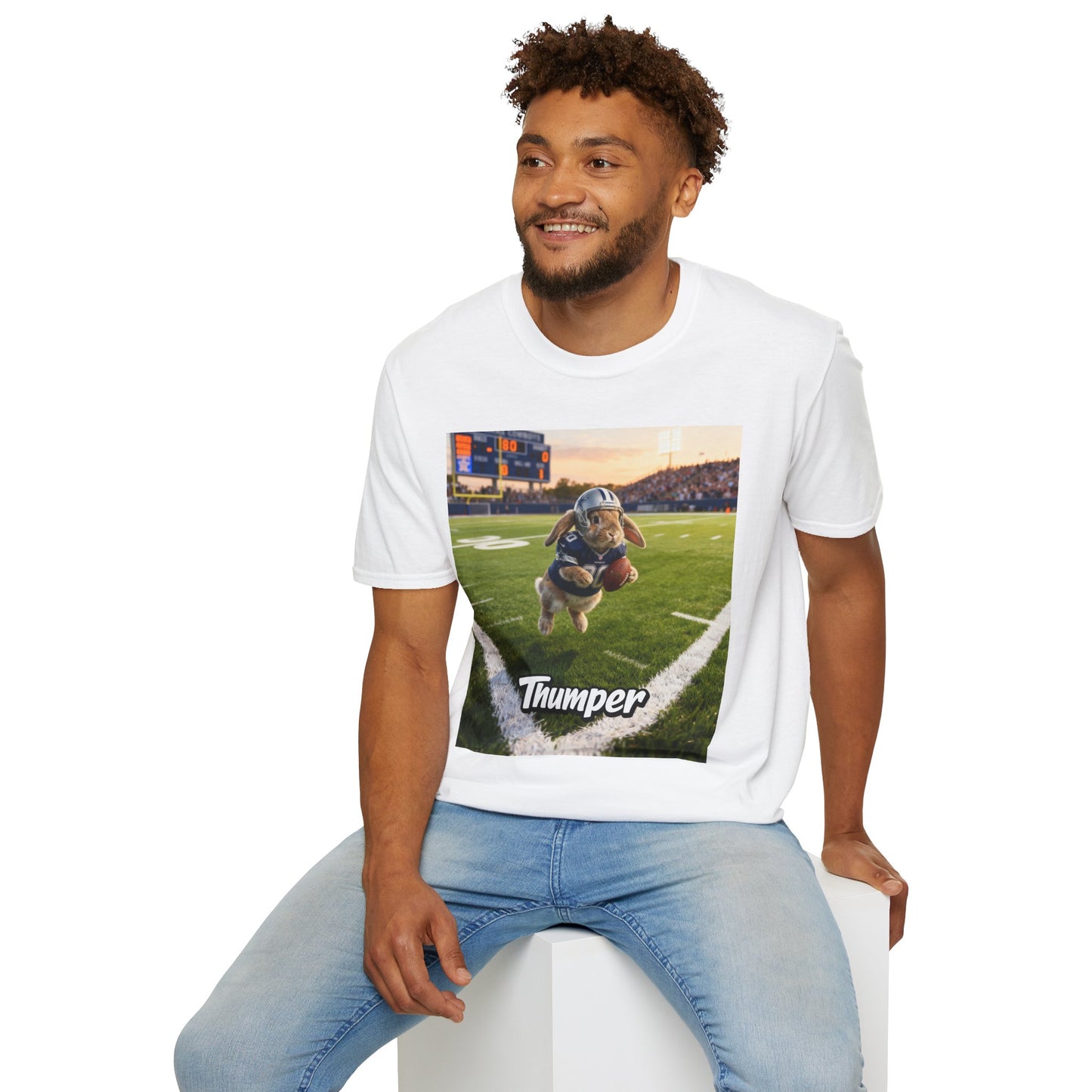 Male model wearing the white custom t-shirt featuring a personalized pet illustration. A meaningful gift designed for your non-human family.