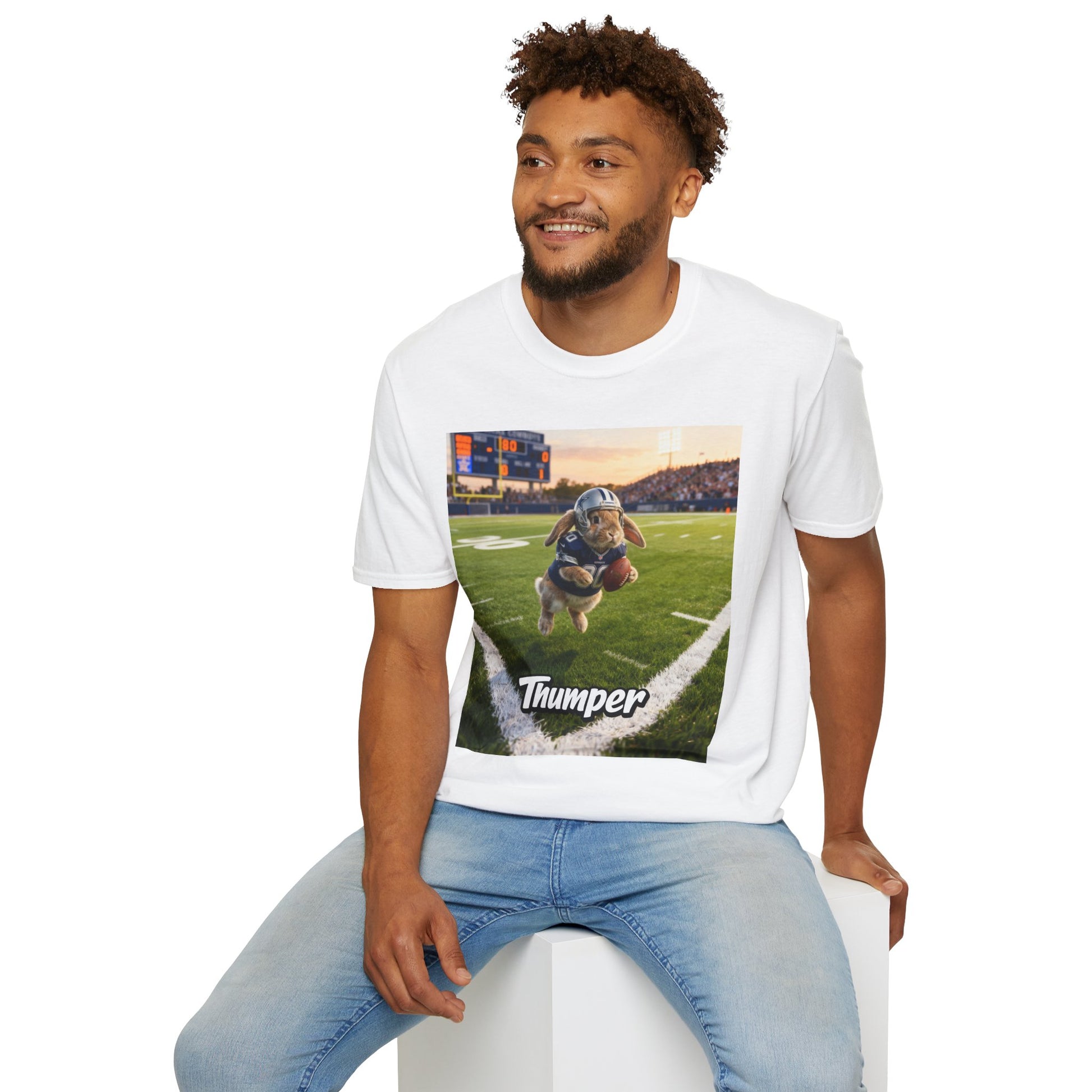 Male model wearing the white custom t-shirt featuring a personalized pet illustration. A meaningful gift designed for your non-human family.
