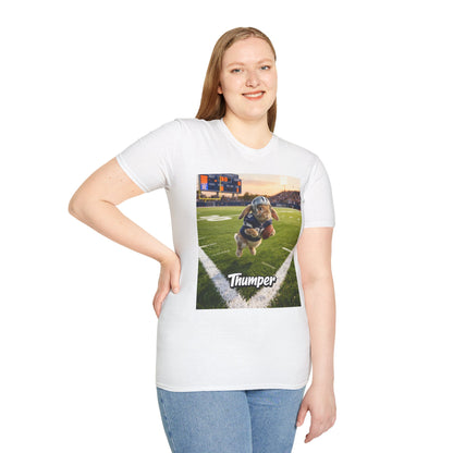 Female model showcasing the fit of the white bespoke pet art t-shirt. High-quality apparel designed specifically for the proud pet parent to show-off their cherished pet.