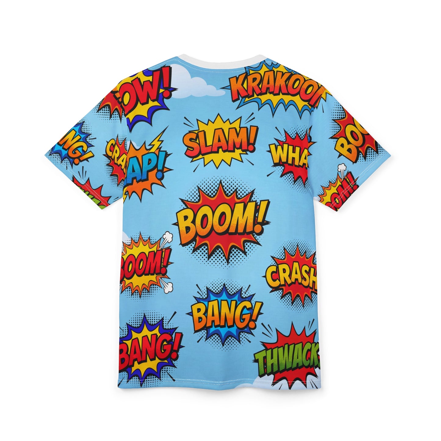 Rear view of the custom all-over print t-shirt showing a vibrant comic-style background. A high-quality bespoke gift designed for the devoted parent showing-off their non-human family.